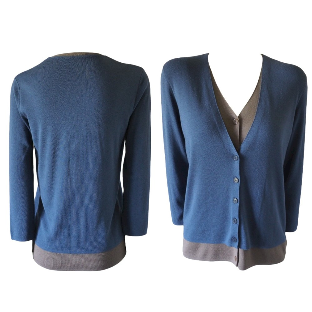 Akris Punto Silk Cashmere Double Layered Cardigan Color Block Blue-Brown